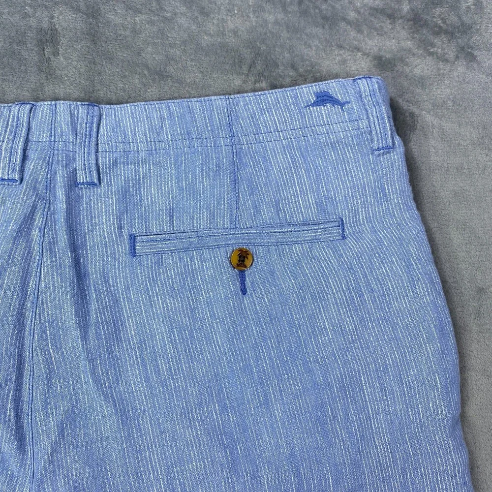 Tommy Bahama Relax Mens 35 Striped Shorts 100% Linen Blue White Ticking Stripe